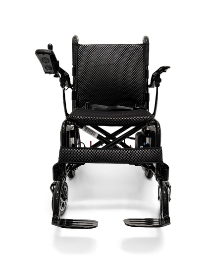 The ComfyGo Phoenix Carbon Fiber Electric Wheelchair is a lightweight, black chair with mesh upholstery and joystick control on the right armrest. It has folding capabilities, dual footrests, small front wheels, and larger rear wheels for stability.