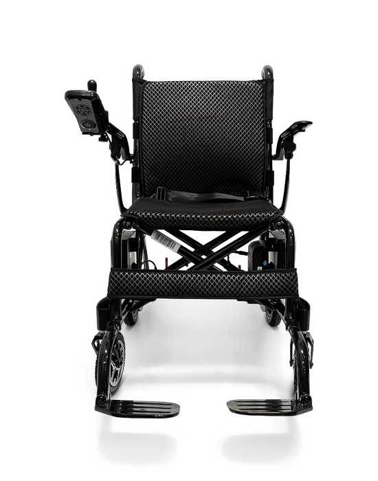The ComfyGo Phoenix Carbon Fiber Electric Wheelchair is a lightweight, black chair with mesh upholstery and joystick control on the right armrest. It has folding capabilities, dual footrests, small front wheels, and larger rear wheels for stability.
