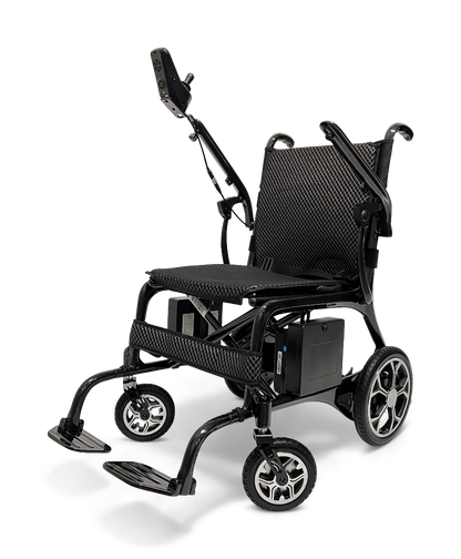 The ComfyGo Phoenix Carbon Fiber Electric Wheelchair boasts a sleek black design with a mesh seat and backrest, four wheels, and footrests. Its modern look is enhanced by carbon fiber, while the control panel sits conveniently on the armrest.