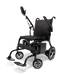The ComfyGo Phoenix Carbon Fiber Electric Wheelchair boasts a sleek black design with a mesh seat and backrest, four wheels, and footrests. Its modern look is enhanced by carbon fiber, while the control panel sits conveniently on the armrest.