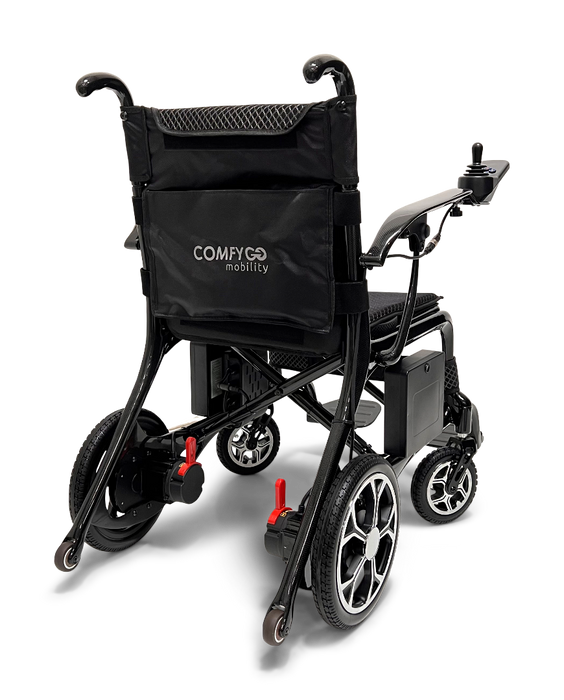 The ComfyGo Phoenix Carbon Fiber Electric Wheelchair, in sleek black with a storage pocket, includes a joystick for control, cushioned seat, and four-wheel build. Its foldable design is highlighted from the back against a white background.