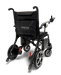 The ComfyGo Phoenix Carbon Fiber Electric Wheelchair, in sleek black with a storage pocket, includes a joystick for control, cushioned seat, and four-wheel build. Its foldable design is highlighted from the back against a white background.