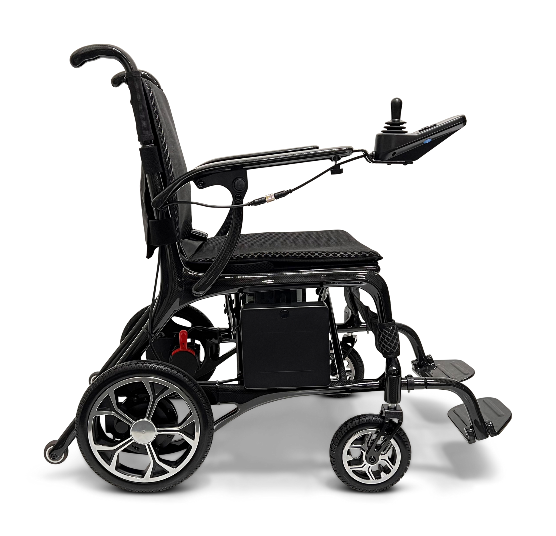 The ComfyGo Phoenix Carbon Fiber Electric Wheelchair boasts a side view showing its sleek design with large rear wheels, smaller front wheels, and armrest joystick control. Its cushioned seat and backrest ensure comfort, while carbon fiber parts enhance durability, set against a plain backdrop.