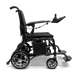 The ComfyGo Phoenix Carbon Fiber Electric Wheelchair boasts a side view showing its sleek design with large rear wheels, smaller front wheels, and armrest joystick control. Its cushioned seat and backrest ensure comfort, while carbon fiber parts enhance durability, set against a plain backdrop.