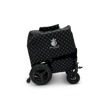 The ComfyGO Electric Wheelchair Travel Bag with Joystick Protection Bag, shown in sleek black with durable fabric and a crown Majestic logo—ideal for stylish outings or as convenient folded wheelchair storage when not in use.