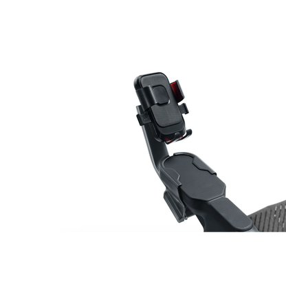 A close-up of the Phone Holder For Roamate Electric Wheelchair, securely attached to an exercise bike armrest against a white background.