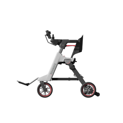 A compact, foldable three-wheel electric scooter with a small seat, handlebars, and the Phone Holder For Roamate Electric Wheelchair attached, shown in side view on a white background.