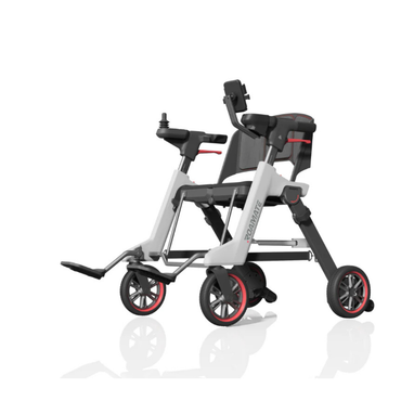 The Phone Holder for Roamate Electric Wheelchair attaches to the right armrest, offering easy smartphone access on the go. The lightweight chair features a white frame, black seat, red accents, large front wheels, and joystick control.