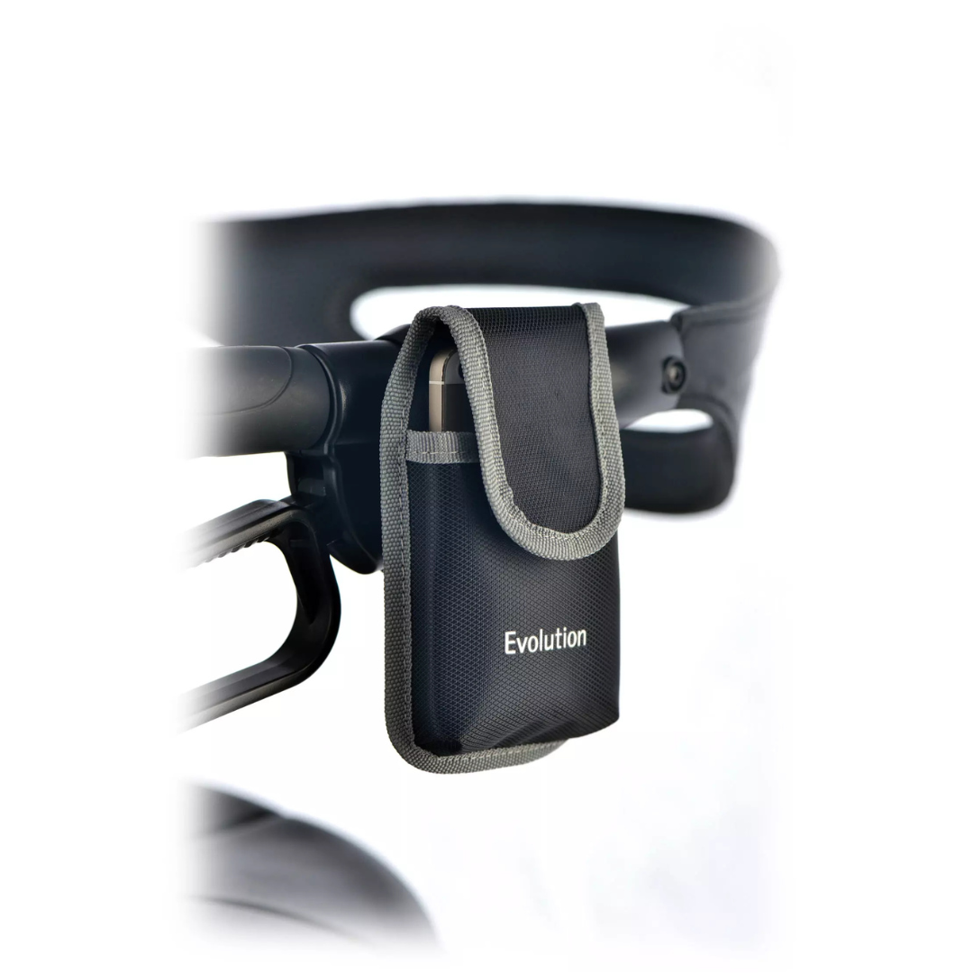 The Phone Holder For Evolution Rollators, a black and gray pouch labeled Evolution, attaches to your walker, offering a convenient way to carry small personal items or keep your phone within easy reach.