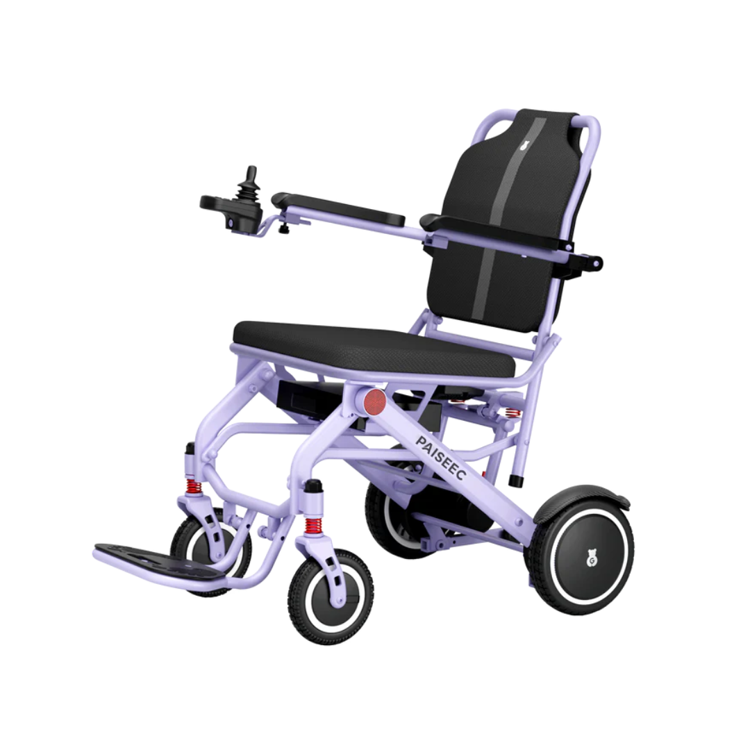 The Piaseec Q3 Ultra Lightweight Electric Wheelchair features a light purple frame, black cushioned seat and backrest, joystick control on the armrest, footrest, large rear wheels, and an airline-friendly ultra-lightweight design.
