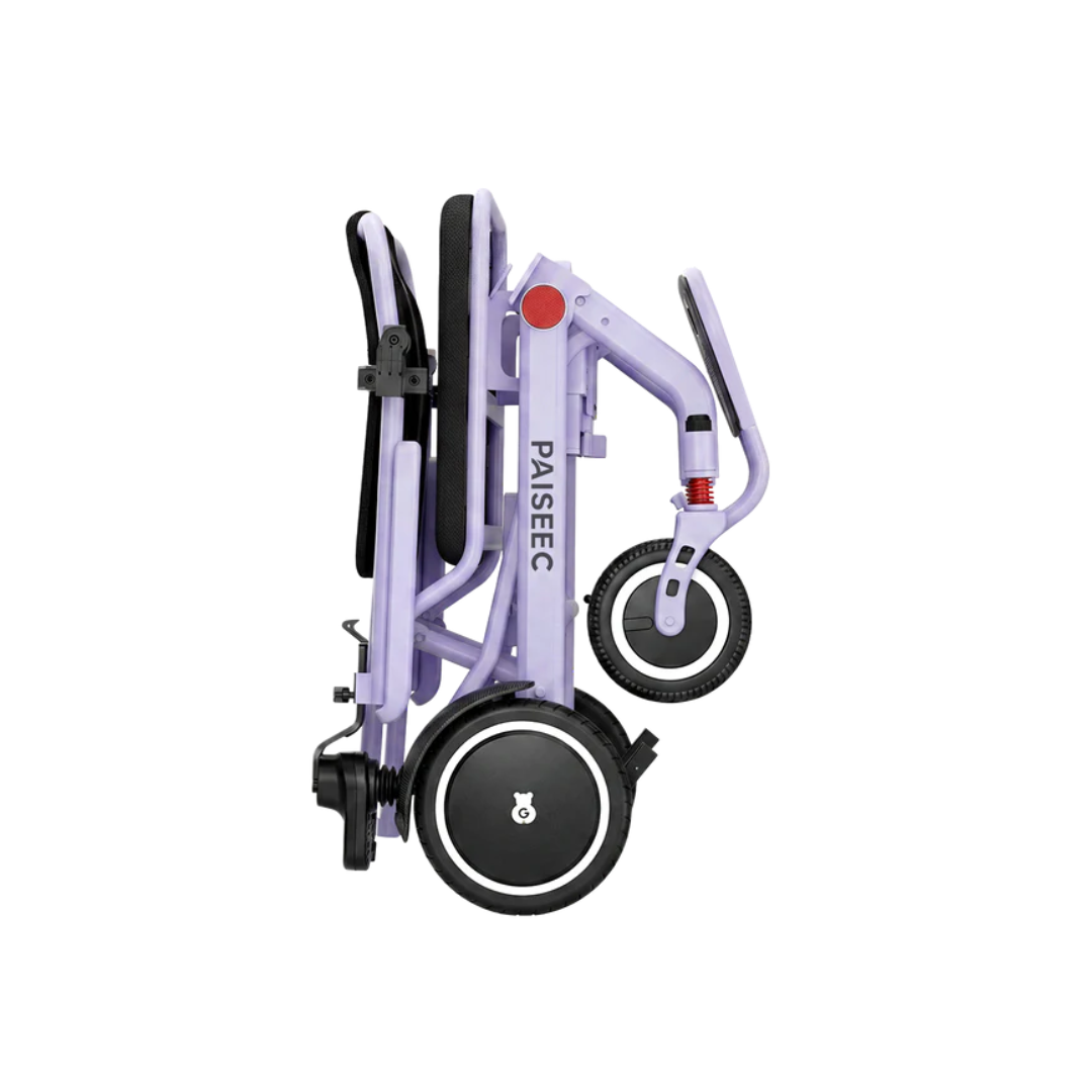 The Piaseec Q3 Ultra Lightweight Electric Wheelchair, shown fully folded in light purple with PAISEC branding on the frame, is compact, airline-friendly, and perfect for travel against a white background.