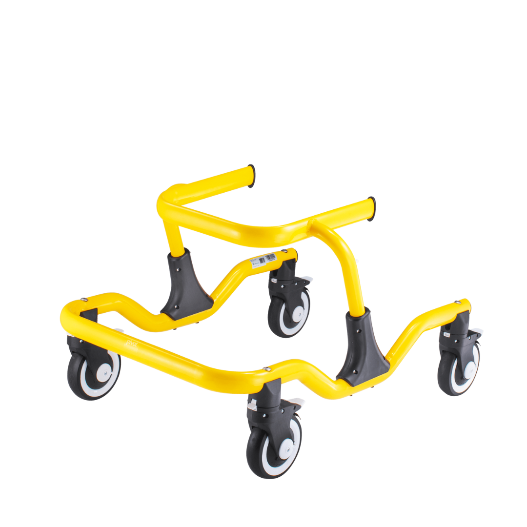 The Circle Specialty Pediatric Pivot Gait Trainer features a yellow frame, two horizontal front handles, and four black-and-white swivel wheels, designed for children or small users to assist with mobility training.