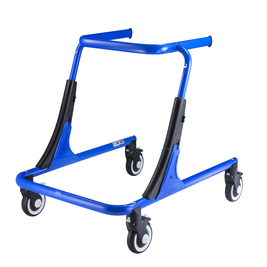 The Circle Specialty Pediatric Pivot Gait Trainer is a blue, lightweight walker with four swivel wheels, adjustable frame, black accents, and top handles for secure grip and mobility support.