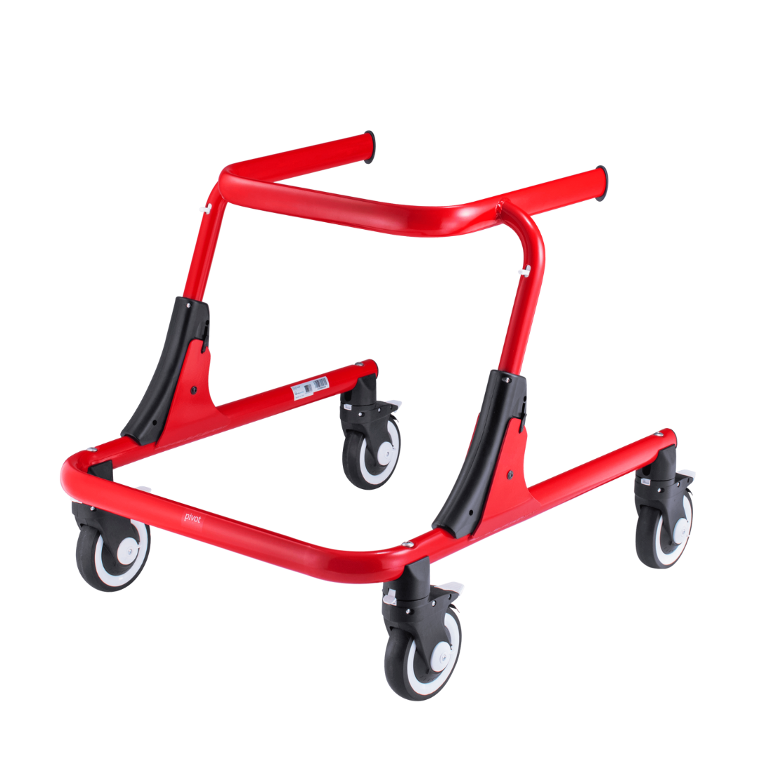The Circle Specialty Pediatric Pivot Gait Trainer is a red pediatric walker with four black and white swivel wheels, curved handles, and a lightweight metal frame, shown on a white background, designed for children’s mobility training.