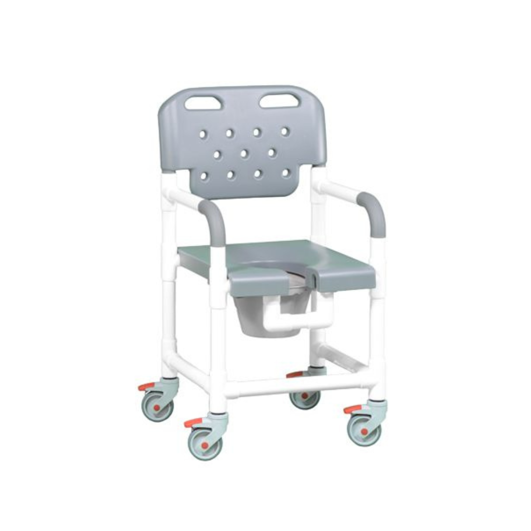 The IPU Platinum PVC Shower Chair Commode with Wheels features a gray and white design, armrests, an easy-clean padded seat, a removable bucket, and four wheels with red locking mechanisms.