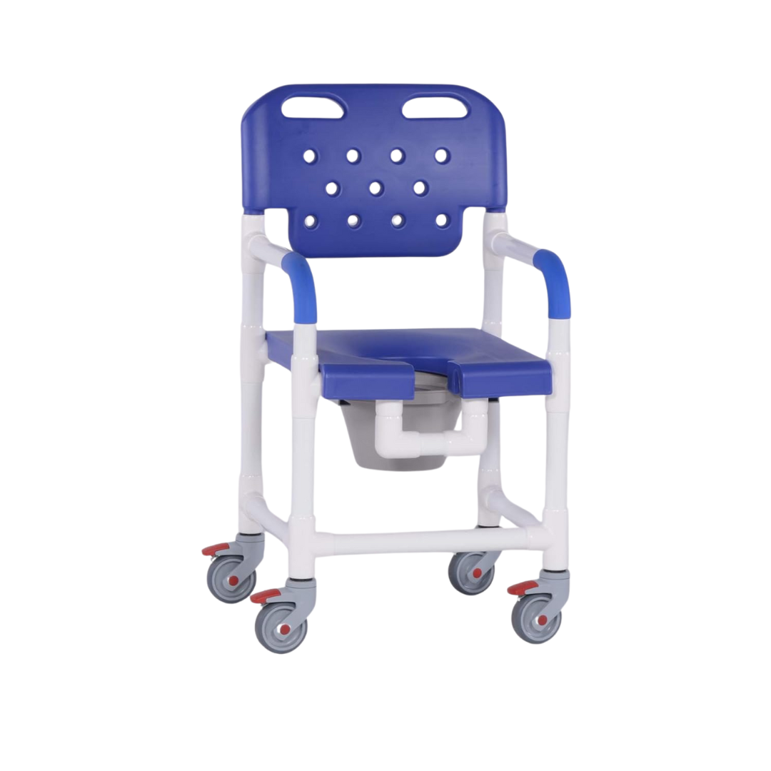 The IPU Platinum PVC Shower Chair Commode with Wheels features armrests, an easy-clean blue and white seat, a bucket underneath, and four wheels with red locks for safe mobility and convenient toileting assistance.