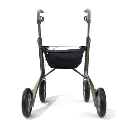 The Pocket Bag for byACRE Carbon Fiber Rollators is a modern black rollator bag attached to a lightweight walker with four large wheels and adjustable handles, shown from the front on a white background.