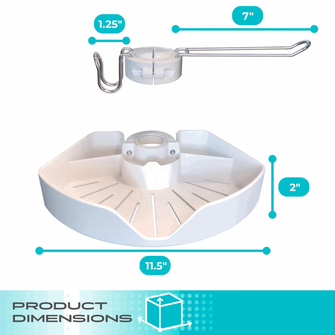 The Stander Security Pole Bin Accessory Pack is a white circular organizer (11.5" wide, 2" tall) with drainage slots, 7" metal hook, and 1.25" central opening—ideal as clamp-on storage or Wonder Pole accessory holder. Dimensions labeled.
