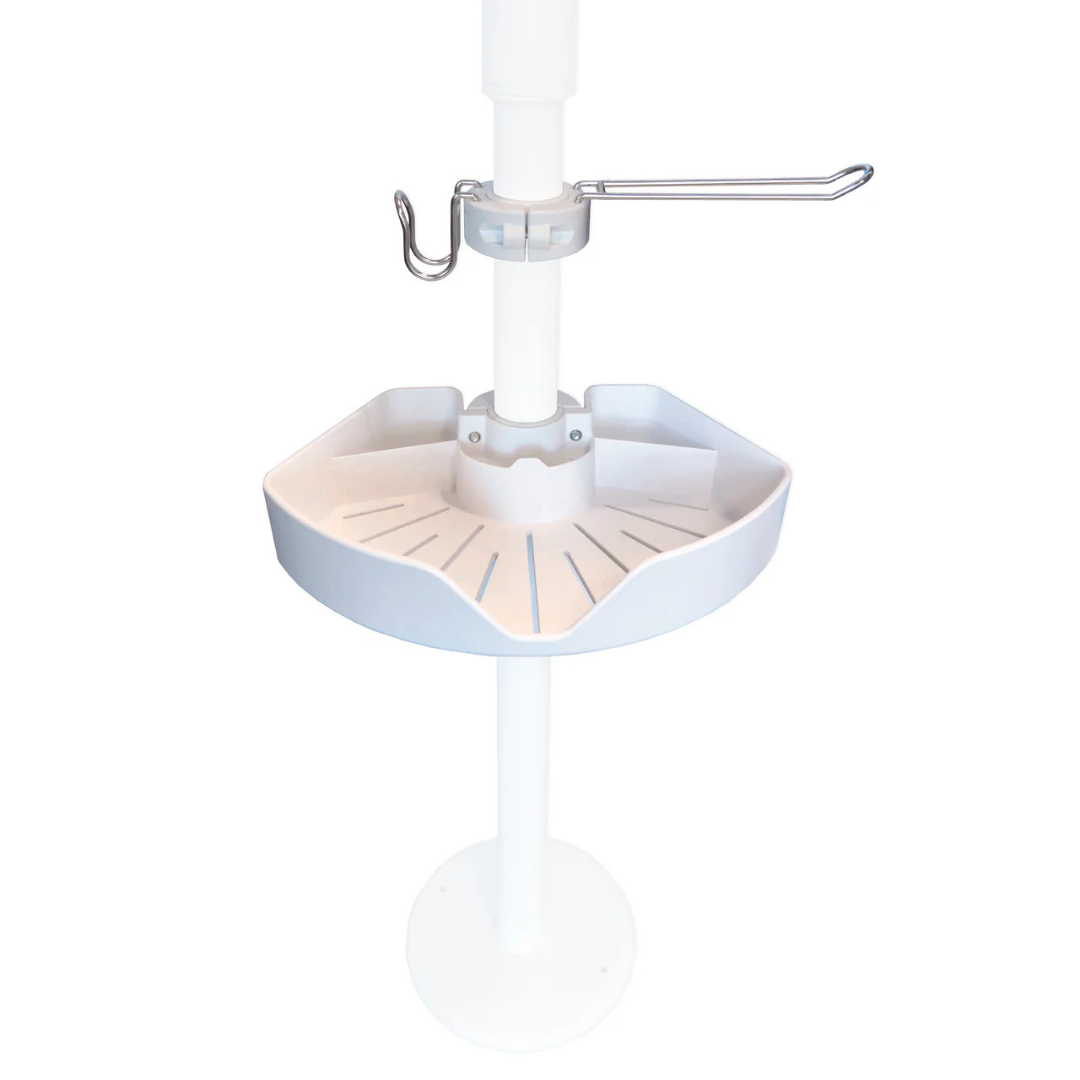 The Stander Security Pole Bin Accessory Pack features a white plastic pole with a round tray, grooves, and raised edges, plus a metal hook and arm—ideal for use with Wonder Pole accessories or as a clamp-on storage organizer.