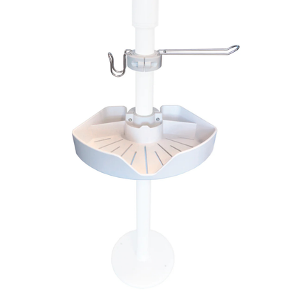 The Stander Security Pole Bin Accessory Pack features a white plastic pole with a round tray, grooves, and raised edges, plus a metal hook and arm—ideal for use with Wonder Pole accessories or as a clamp-on storage organizer.