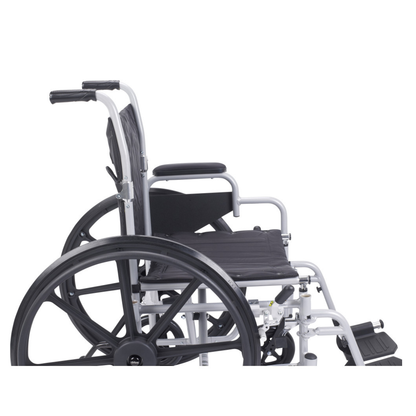 A side view of the Drive Poly-Fly Lightweight Wheelchair/Transport Chair Combo, featuring a metal frame, black seat and backrest, large rear wheels, and footrests, shown empty against a white background.