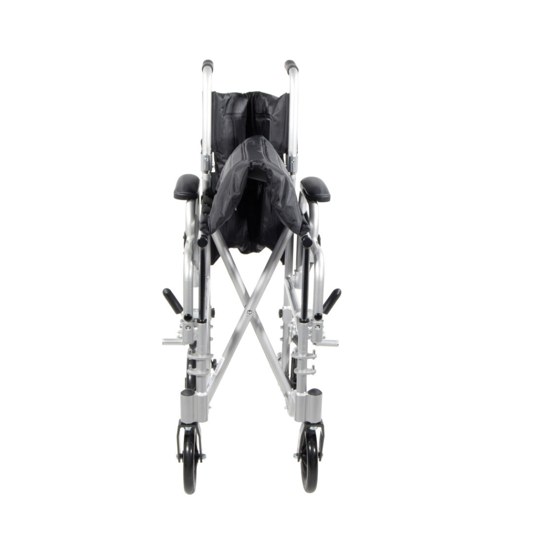 The Drive Poly-Fly Lightweight Wheelchair/Transport Chair Combo is a foldable, self-propelled chair with a black seat and silver frame, shown from the front on a white background.