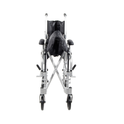 The Drive Poly-Fly Lightweight Wheelchair/Transport Chair Combo is a foldable, self-propelled chair with a black seat and silver frame, shown from the front on a white background.