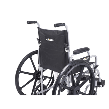 A rear view of the Drive Poly-Fly Lightweight Wheelchair/Transport Chair Combo shows large black wheels, black armrests, a black backrest with the white drive logo, and a sturdy metallic frame; the wheelchair is unoccupied.