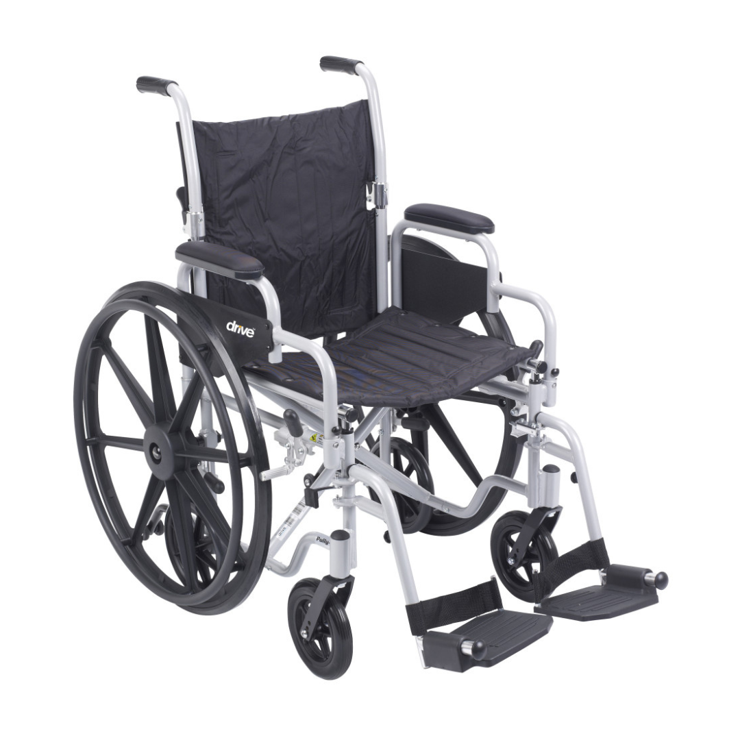 The Drive Poly-Fly Lightweight Wheelchair/Transport Chair Combo is a black and silver self-propelled chair with large rear wheels, small front wheels, armrests, and footrests.
