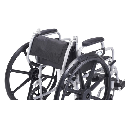 A close-up of the Drive Poly-Fly Lightweight Wheelchair/Transport Chair Combo, featuring a black seat and backrest, large rear wheels, black armrests, and shown partially folded.