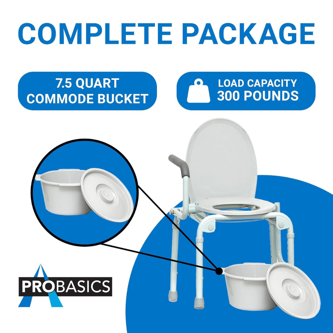 The ProBasics Bedside Steel Drop-Arm Commode is a white portable chair with armrests, backrest, 7.5-quart removable bucket and lid. Its drop-arm design allows easy transfers and supports up to 300 lbs.