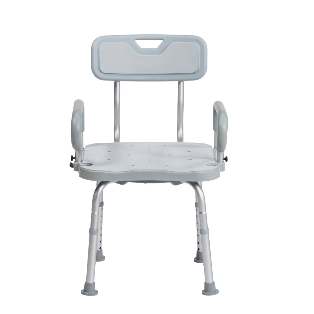The Drive PreserveTech™ 360° Swivel Bath Chair is a light gray, heavy-duty aluminum shower chair with backrest, armrests, and adjustable legs for safe and supportive bathroom use.
