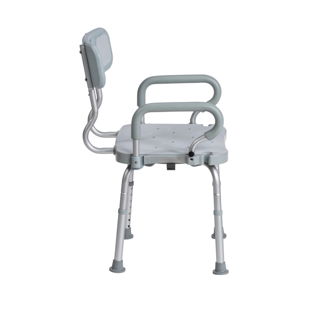 The Drive PreserveTech™ 360° Swivel Bath Chair is a white and gray heavy-duty aluminum chair with padded armrests and backrest, plus height-adjustable legs with non-slip rubber tips for stability.