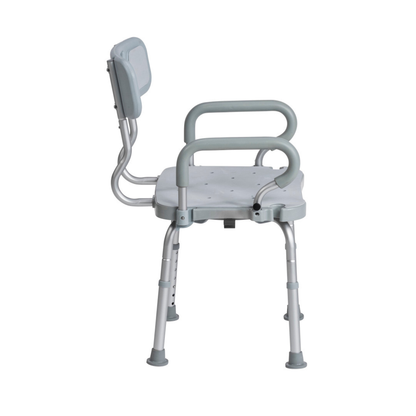 The Drive PreserveTech™ 360° Swivel Bath Chair is a white and gray heavy-duty aluminum chair with padded armrests and backrest, plus height-adjustable legs with non-slip rubber tips for stability.