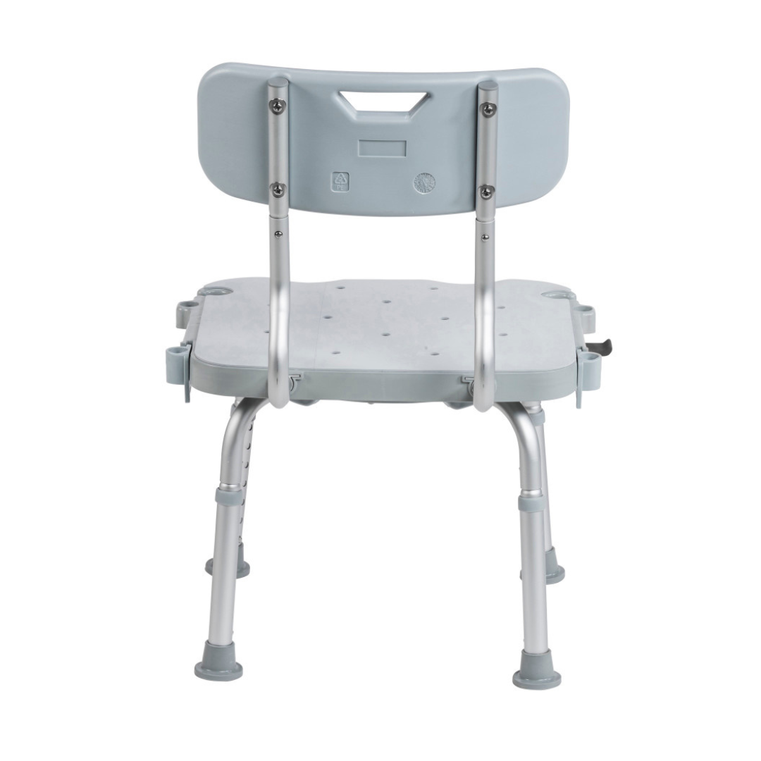The Drive PreserveTech™ 360° Swivel Bath Chair, shown from the back, features a light gray heavy-duty aluminum frame, plastic seat and backrest, adjustable metal legs, and non-slip rubber tips.