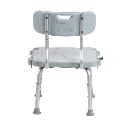 The Drive PreserveTech™ 360° Swivel Bath Chair, shown from the back, features a light gray heavy-duty aluminum frame, plastic seat and backrest, adjustable metal legs, and non-slip rubber tips.