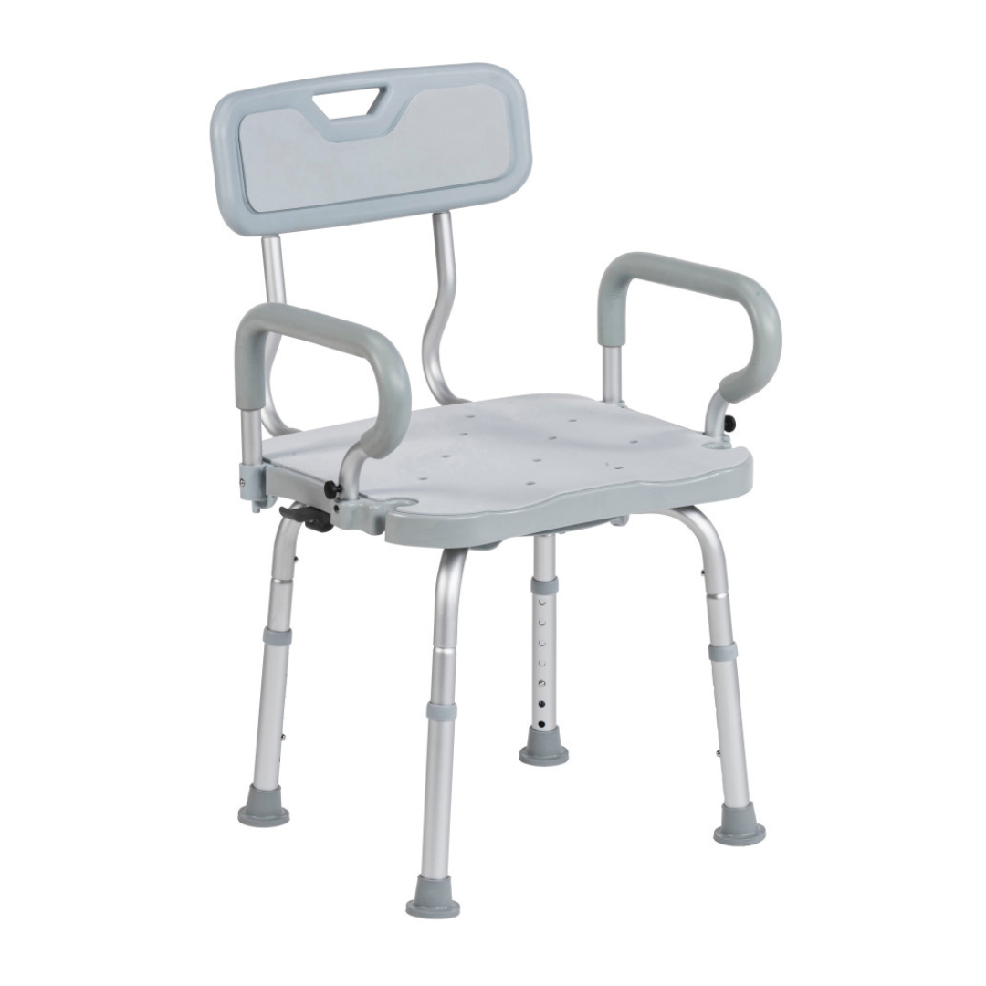 The Drive PreserveTech™ 360° Swivel Bath Chair is a light gray, heavy-duty aluminum shower chair with armrests, a backrest, and non-slip rubber tips for safe, supportive bathing.