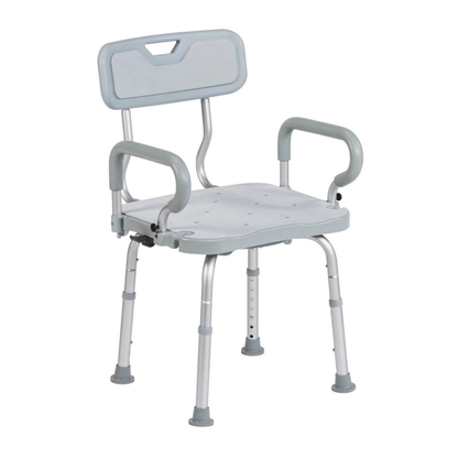 The Drive PreserveTech™ 360° Swivel Bath Chair is a light gray, heavy-duty aluminum shower chair with armrests, a backrest, and non-slip rubber tips for safe, supportive bathing.