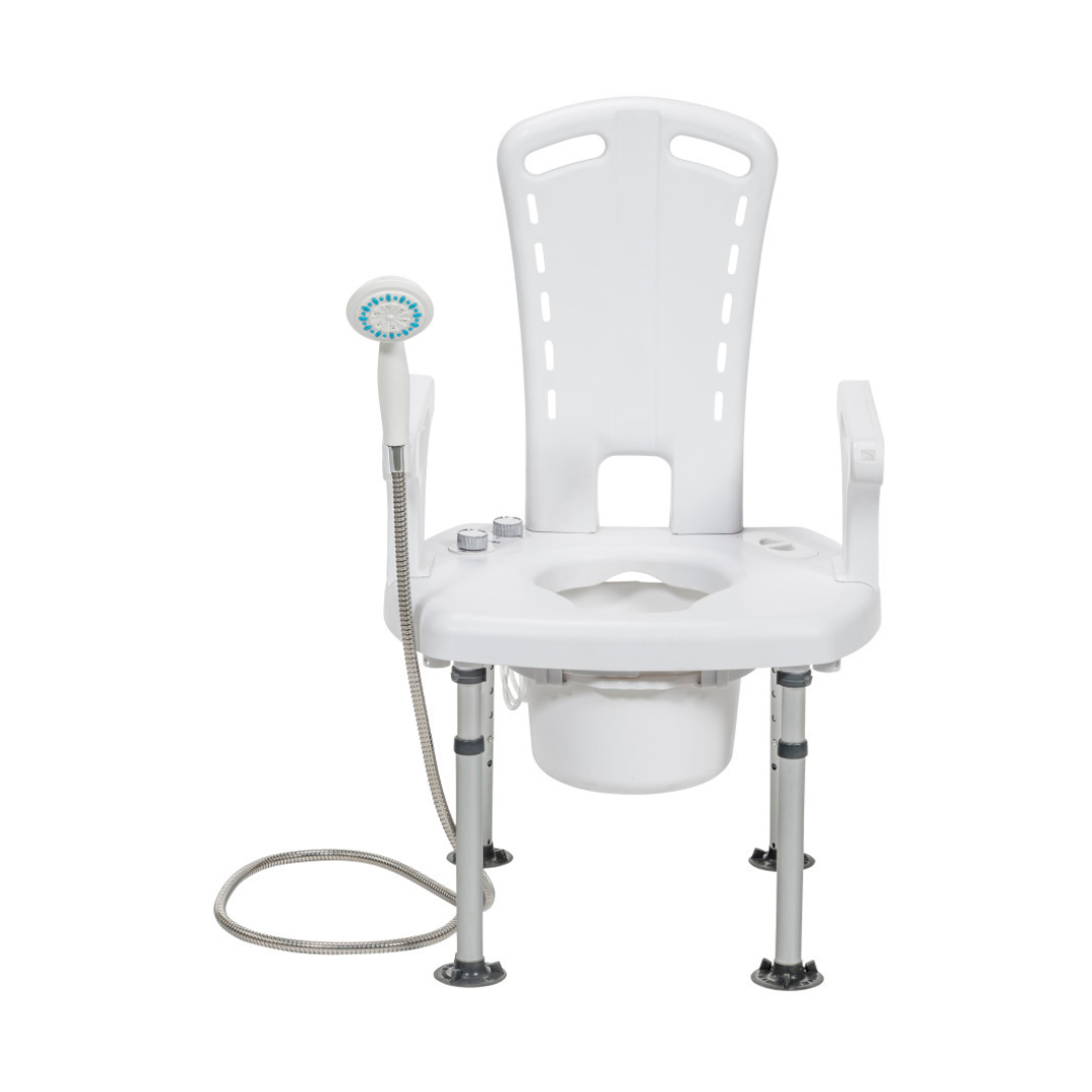 The Drive PreserveTech™ Aquachair Bathing System with Bidet is a white, height-adjustable shower chair featuring armrests, a high backrest, removable bucket, integrated bidet, and non-slip design for safe and hygienic bathroom comfort.