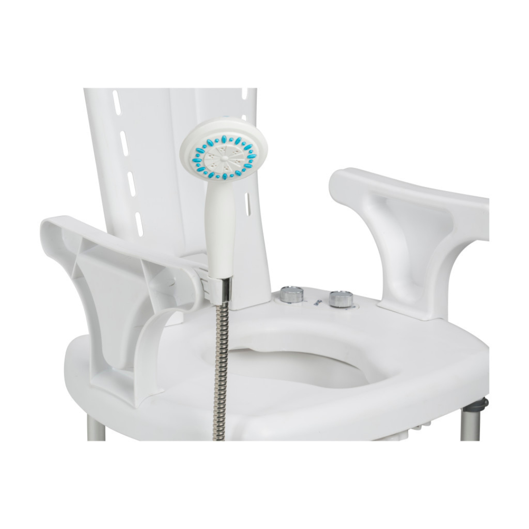 The Drive PreserveTech™ Aquachair Bathing System with Bidet features a non-slip seat with a supportive backrest, armrests, an open seat design, and an attached handheld shower head for safe and comfortable bathing.