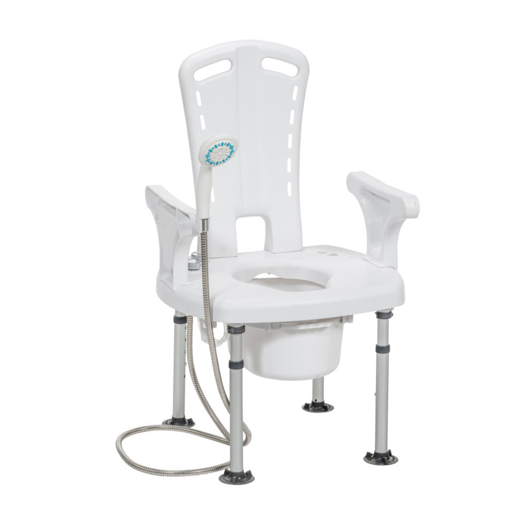 The Drive PreserveTech™ Aquachair Bathing System with Bidet is a white, height-adjustable shower commode chair featuring armrests, a high backrest, removable commode bucket, and built-in handheld bidet for accessible bathing and toileting.