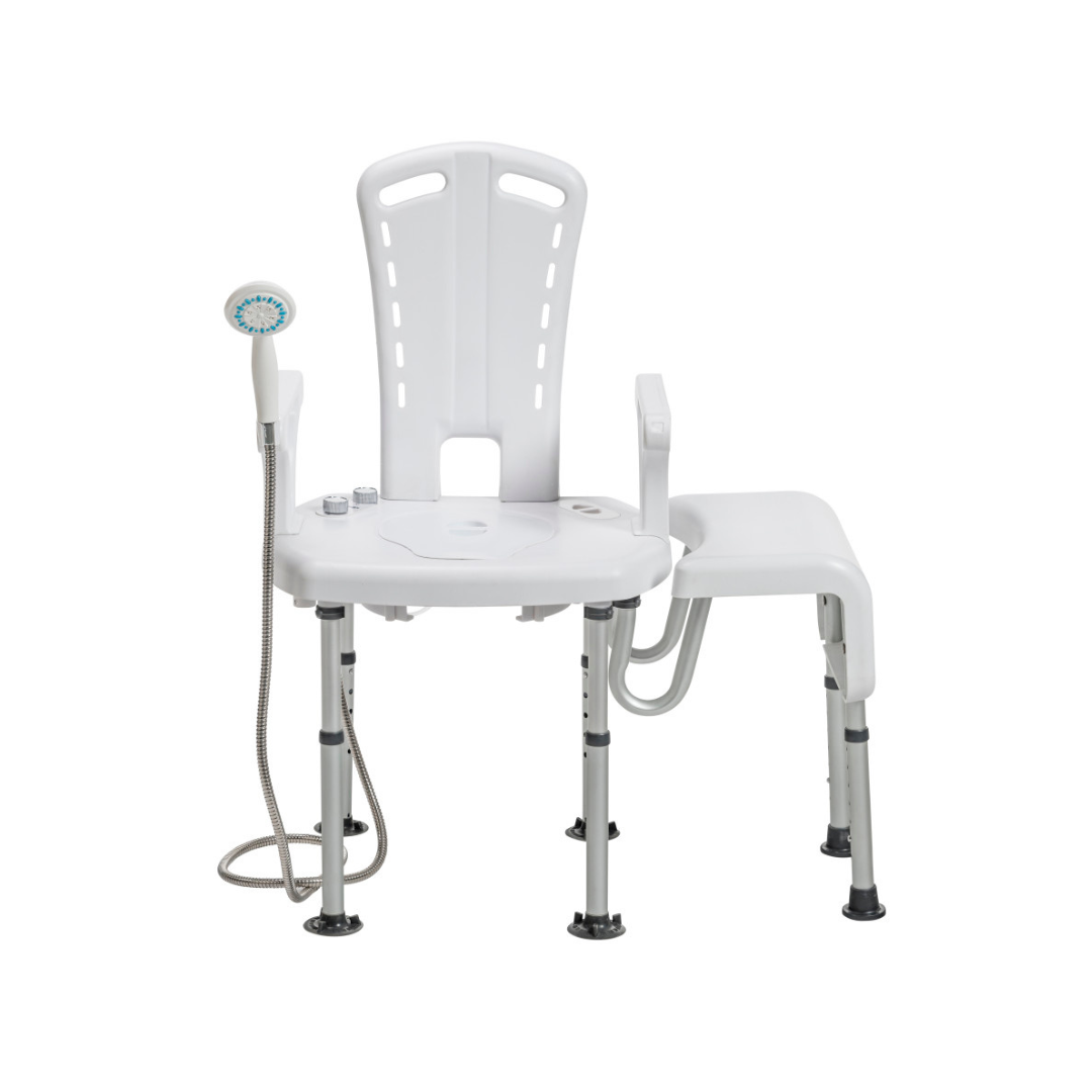 The Drive PreserveTech™ Aquachair Bathing System with Bidet is a white adjustable shower chair with high backrest, side armrests, integrated bidet spray, sturdy metal legs, and an extended seat for safer transfers and bathing independence.