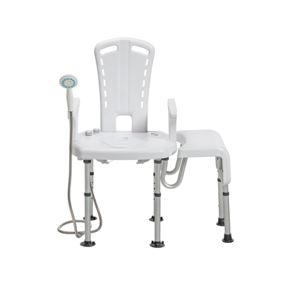 The Drive PreserveTech™ Aquachair Bathing System with Bidet is a white adjustable shower chair with high backrest, side armrests, integrated bidet spray, sturdy metal legs, and an extended seat for safer transfers and bathing independence.