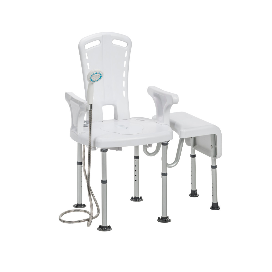 The Drive PreserveTech™ Aquachair Bathing System with Bidet is a white, adjustable shower chair featuring a detachable side bench and built-in bidet for enhanced accessibility and bathing independence.
