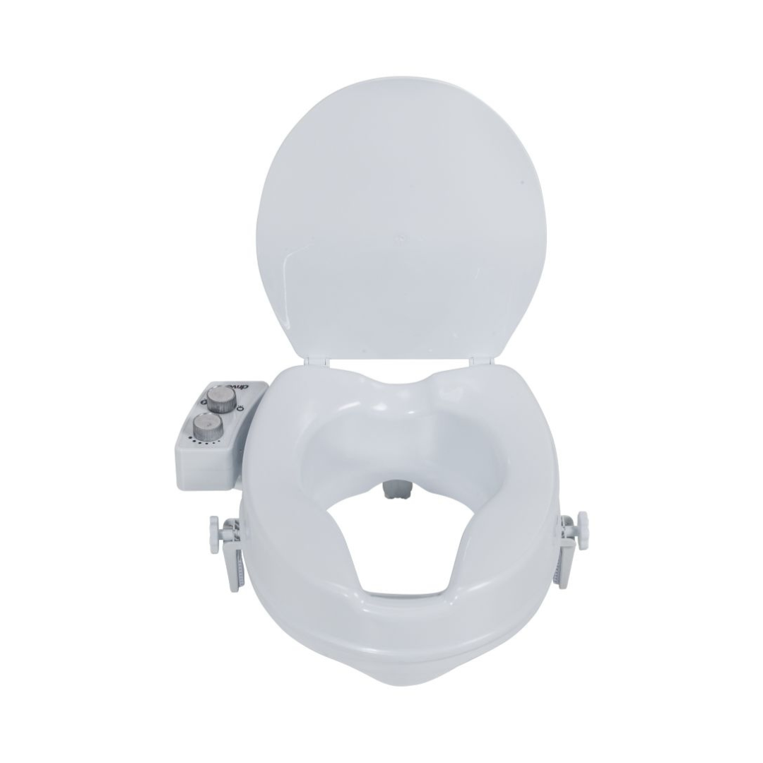 The Drive PreserveTech™ Raised Toilet Seat with Bidet - 4" Rise features an open lid, built-in control panel, and side adjustment knobs, offering comfort and hygiene in one sleek design.