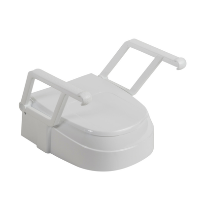 The Drive PreserveTech™ Universal Raised Toilet Seat with Arms is a white elevated seat featuring removable armrests, designed to support individuals with mobility challenges for safer, more comfortable toilet use.