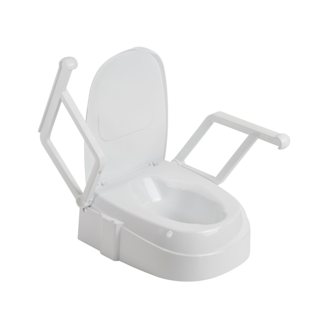 The Drive PreserveTech™ Universal Raised Toilet Seat with Arms is a white plastic seat with removable armrests and an open lid, designed to aid individuals with mobility challenges.
