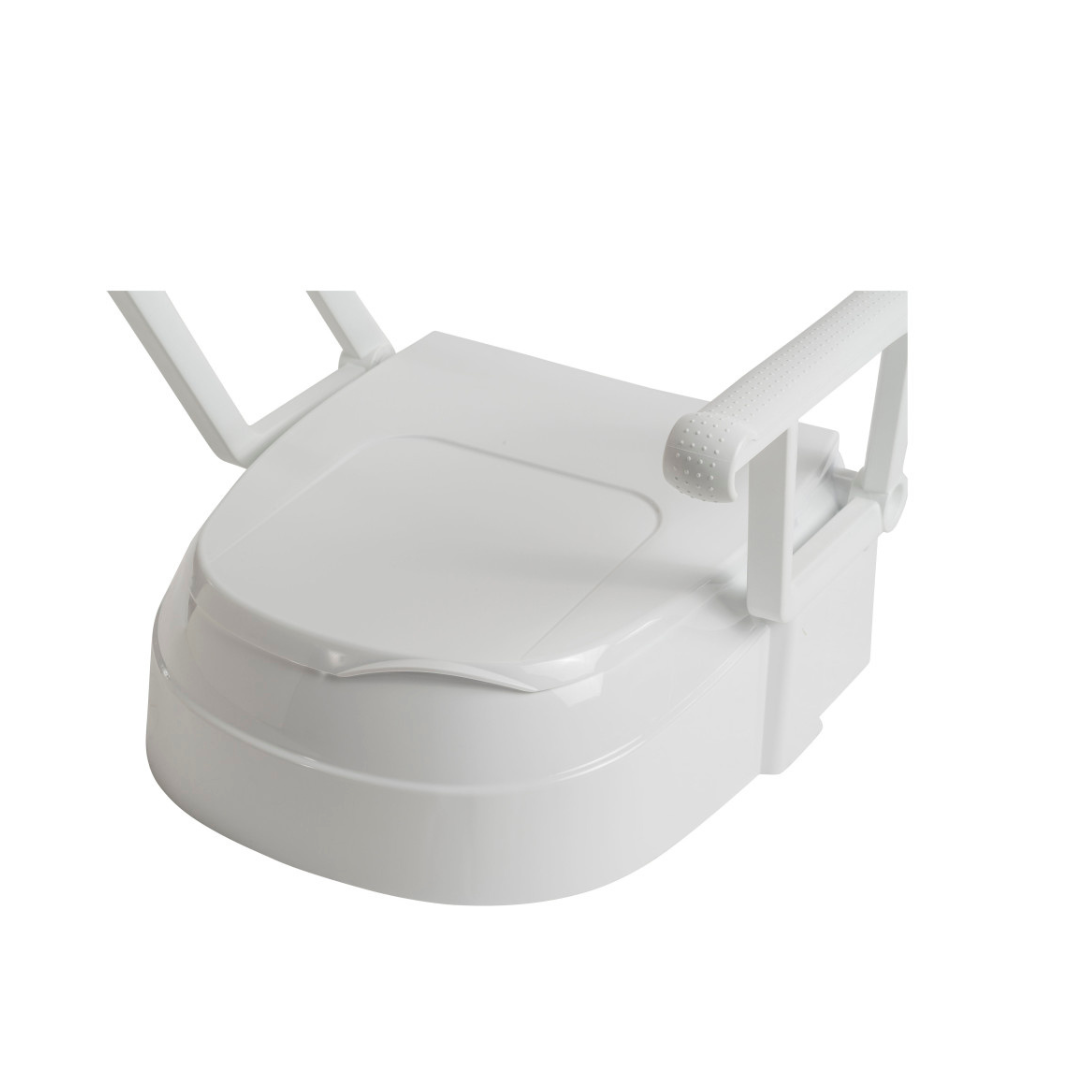 The Drive PreserveTech™ Universal Raised Toilet Seat with Arms is a white seat with adjustable height and removable armrests, designed to offer extra support and comfort for individuals with mobility challenges.