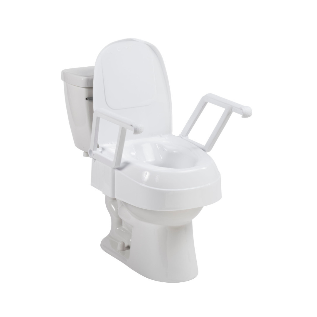 The Drive PreserveTech™ Universal Raised Toilet Seat with Arms is a white toilet seat featuring an elevated design and two foldable, removable armrests to support individuals with limited mobility.