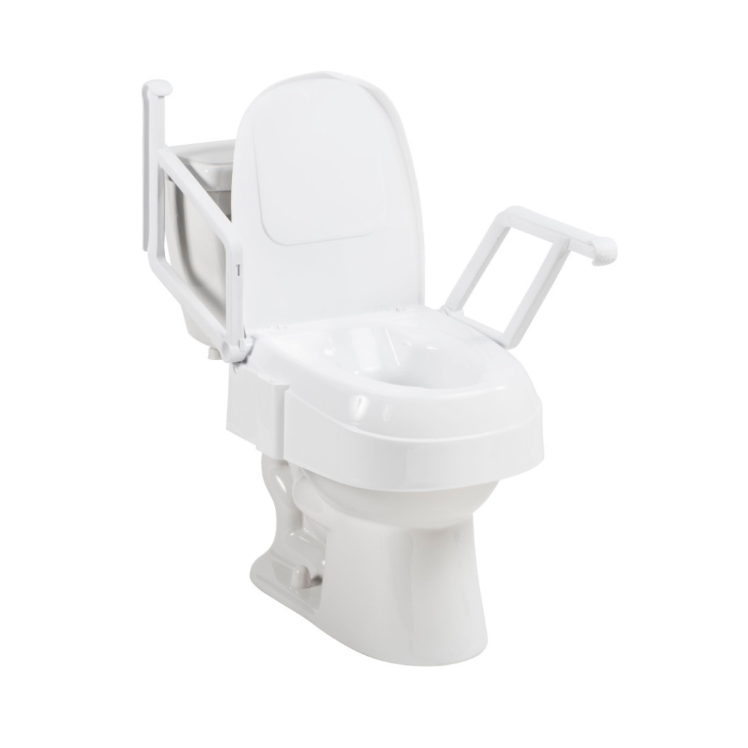 The Drive PreserveTech™ Universal Raised Toilet Seat with Arms is a white elevated seat featuring removable armrests, designed to support individuals with limited mobility and enhance accessibility.